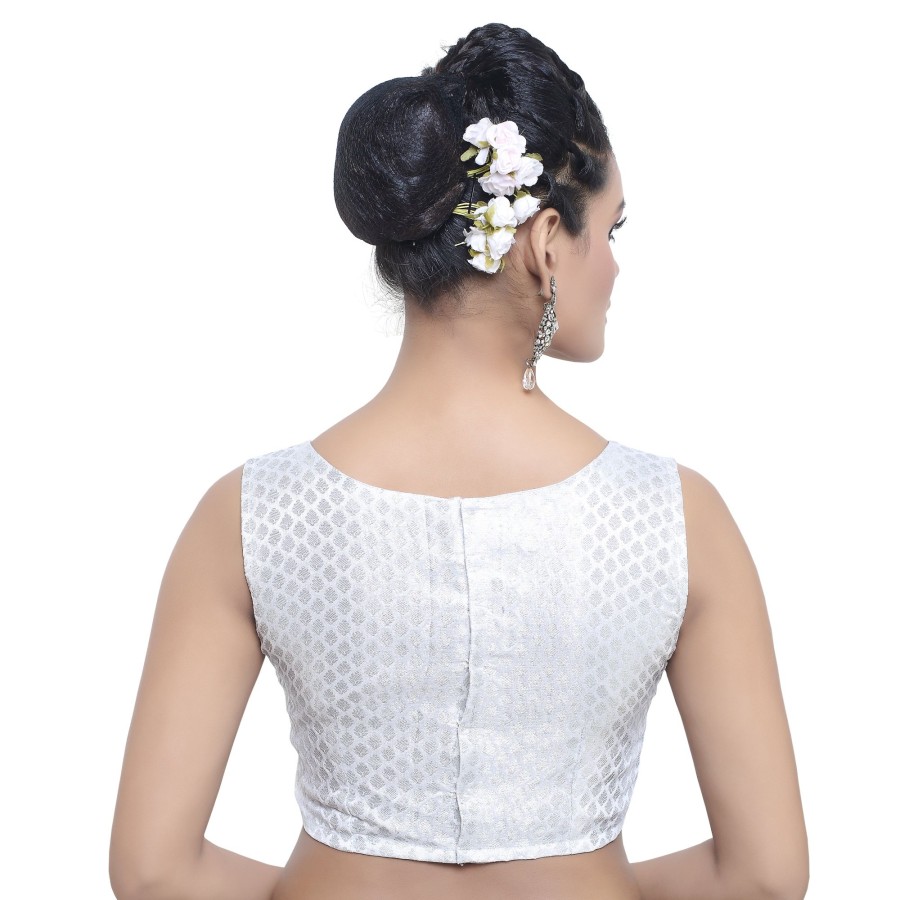 Women Madhu Fashion | Women'S Banaras Brocade Sleeveless Readymade Stitched Blouse - Madhu Fashion Silver