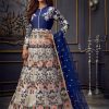 Women Myracouture | Women'S Blue Net Anarkali Suit Set With Pants U0026 Dupatta By Myracouture (3Pcs Set)