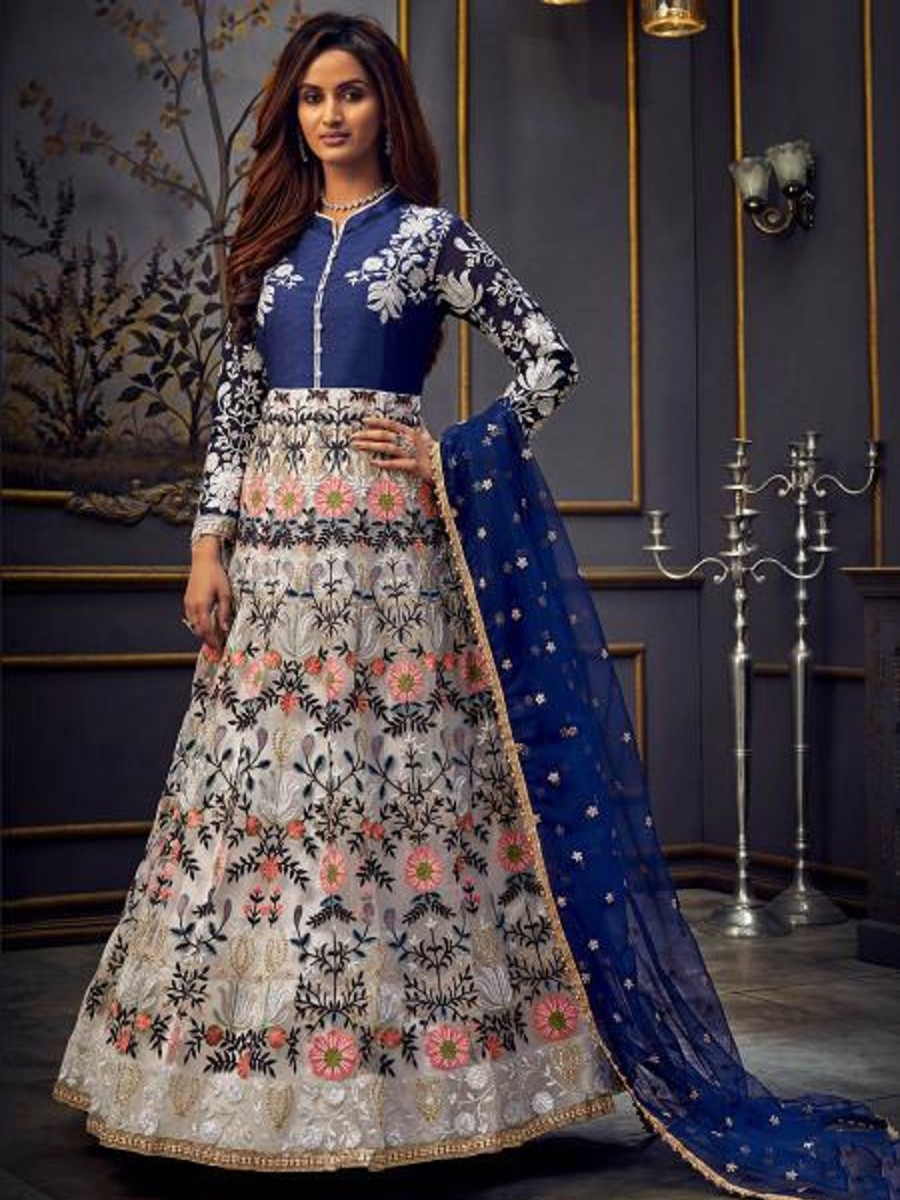 Women Myracouture | Women'S Blue Net Anarkali Suit Set With Pants U0026 Dupatta By Myracouture (3Pcs Set)