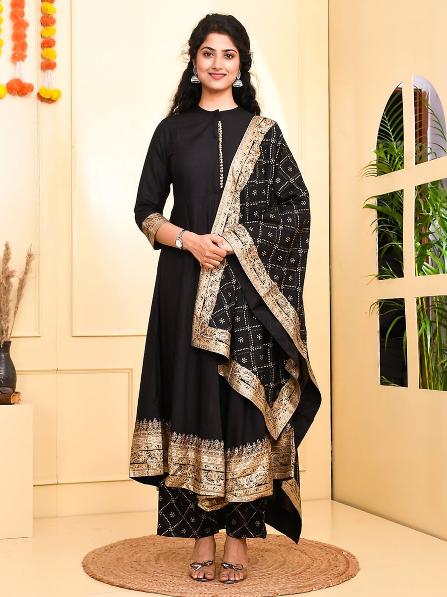 Women Jaitpuriya Fashion USA | Women'S Rayon Kurta Bottom And Dupatta Set - Jaitpuriya Fashion Usa Black