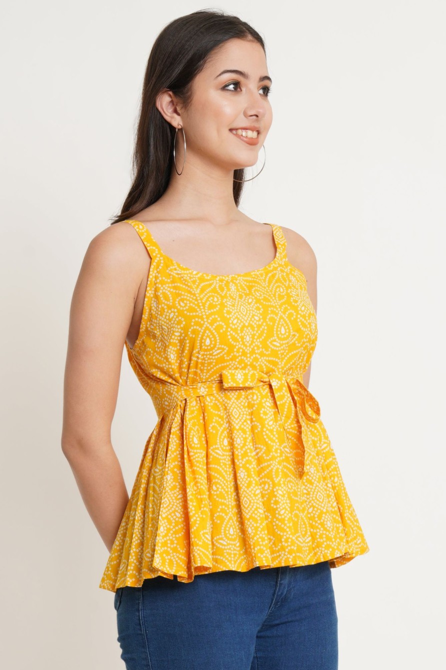 Women COTLAND FASHION | Women'S Jaipuri Cotton Printed Strappy Top(Bandhej ) - Cotland Fashion Yellow