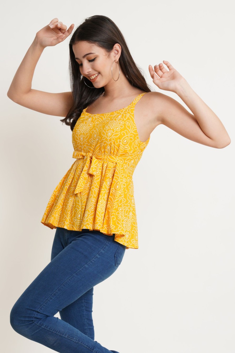 Women COTLAND FASHION | Women'S Jaipuri Cotton Printed Strappy Top(Bandhej ) - Cotland Fashion Yellow