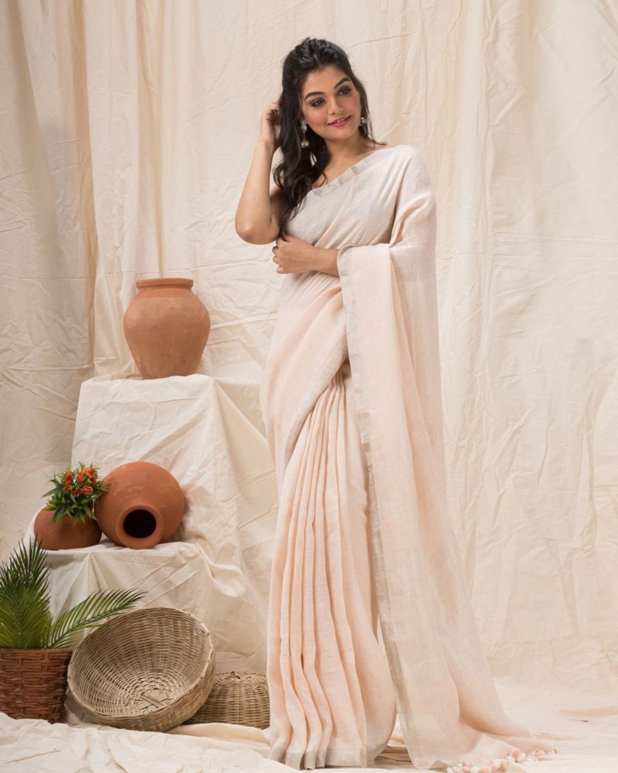 Women Angoshobha | Women'S Traditional Faded Handwoven Linen Saree - Angoshobha Pink