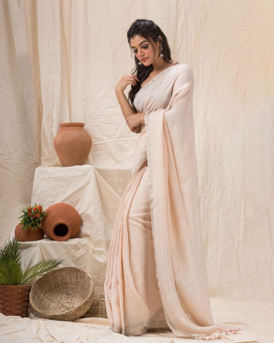 Women Angoshobha | Women'S Traditional Faded Handwoven Linen Saree - Angoshobha Pink