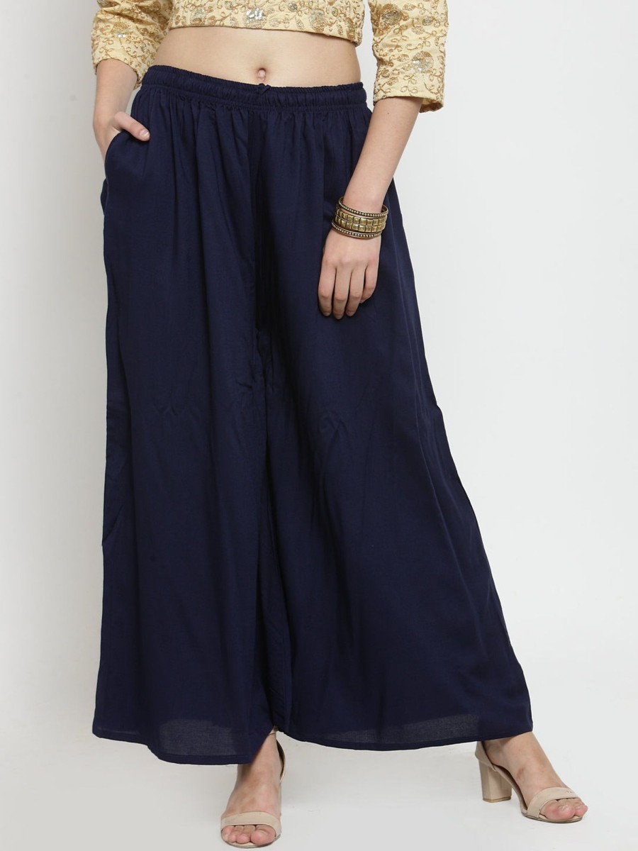 Women Wahe-NOOR | Women'S Navy Blue Solid Rayon Sharara - Wahe-Noor