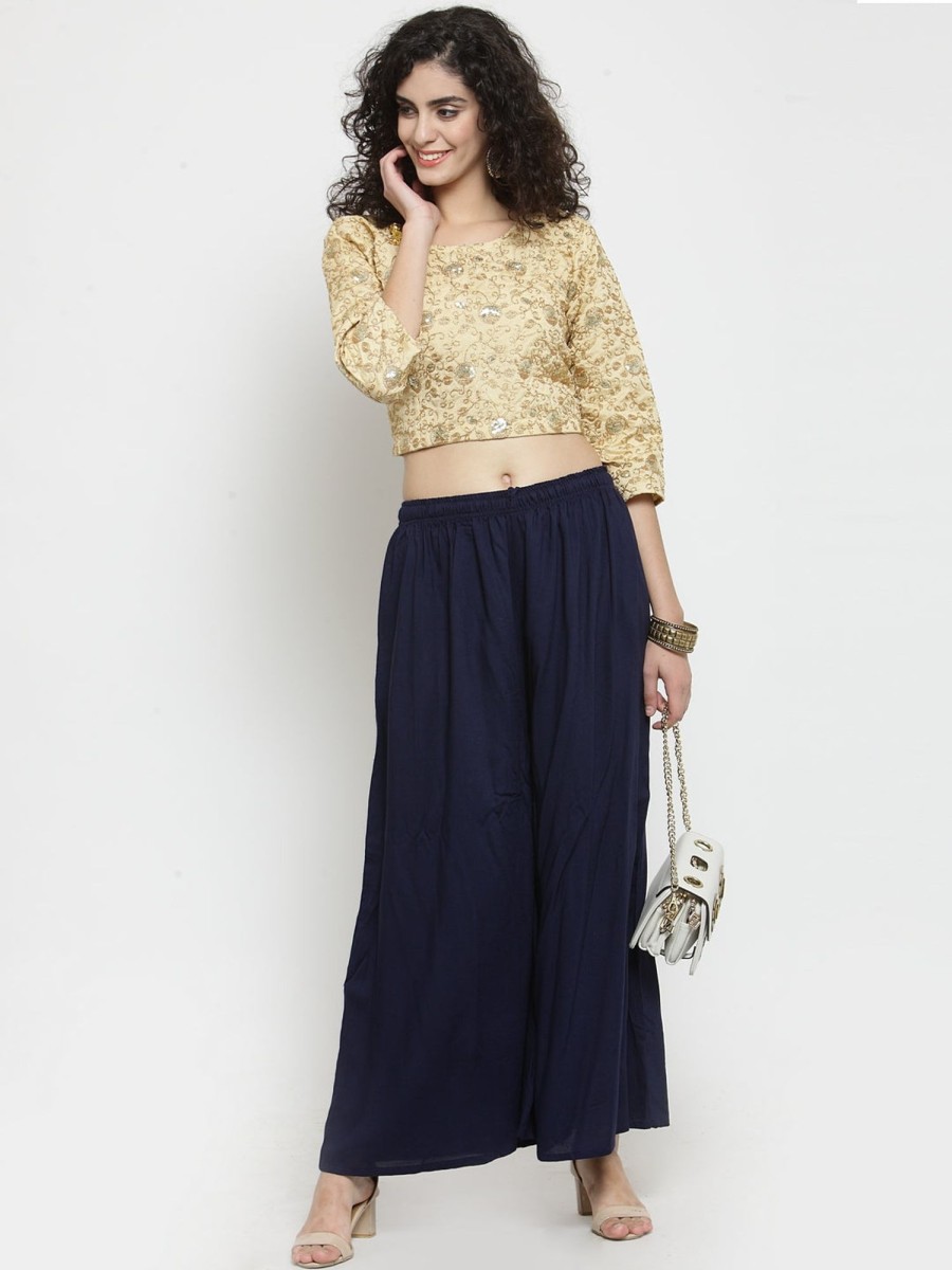 Women Wahe-NOOR | Women'S Navy Blue Solid Rayon Sharara - Wahe-Noor