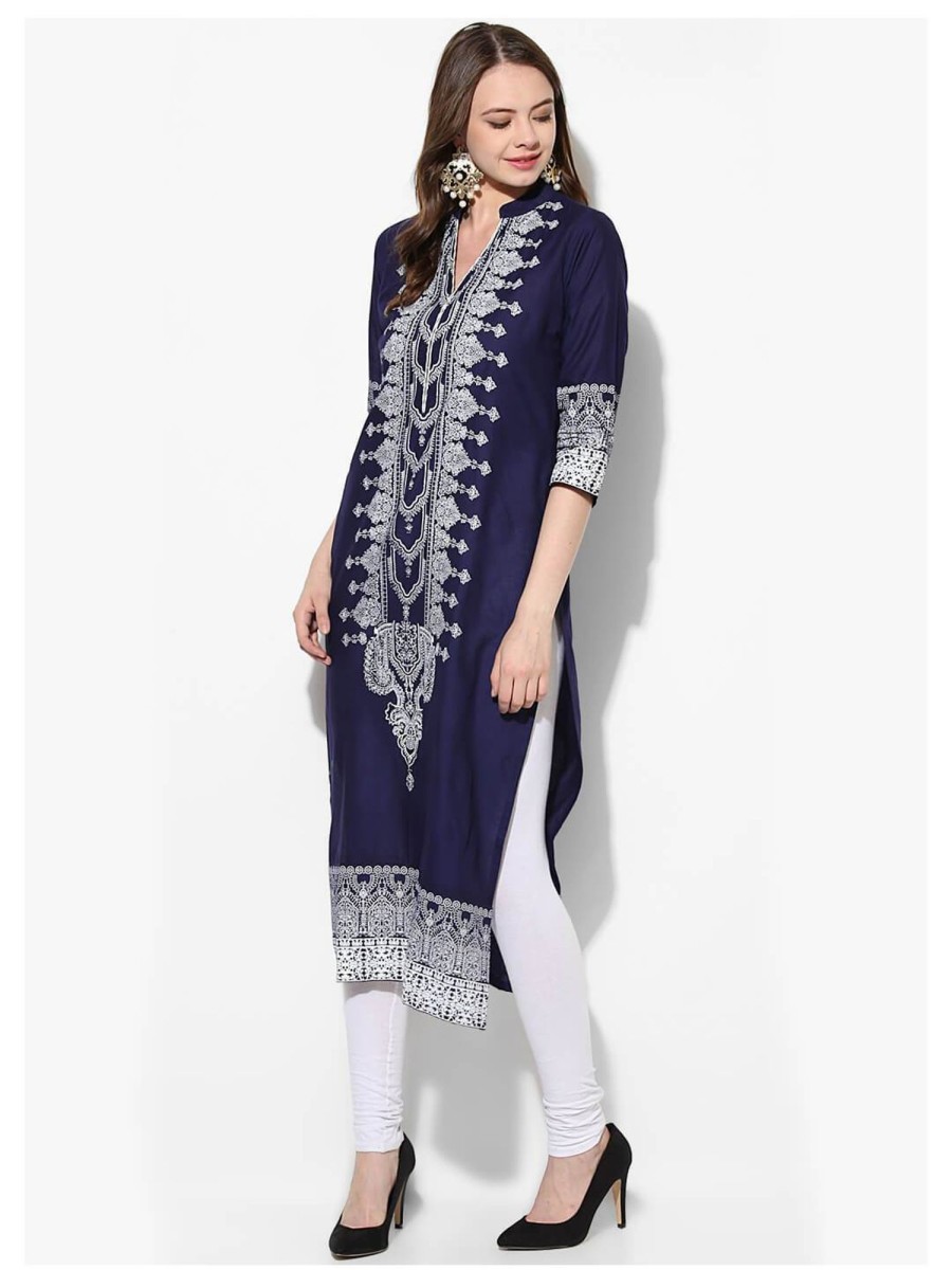 Women NOZ2TOZ | Women'S Indigo And White Ajrakh Hand Block Cotton Printed Straight Kurta - Noz2Toz