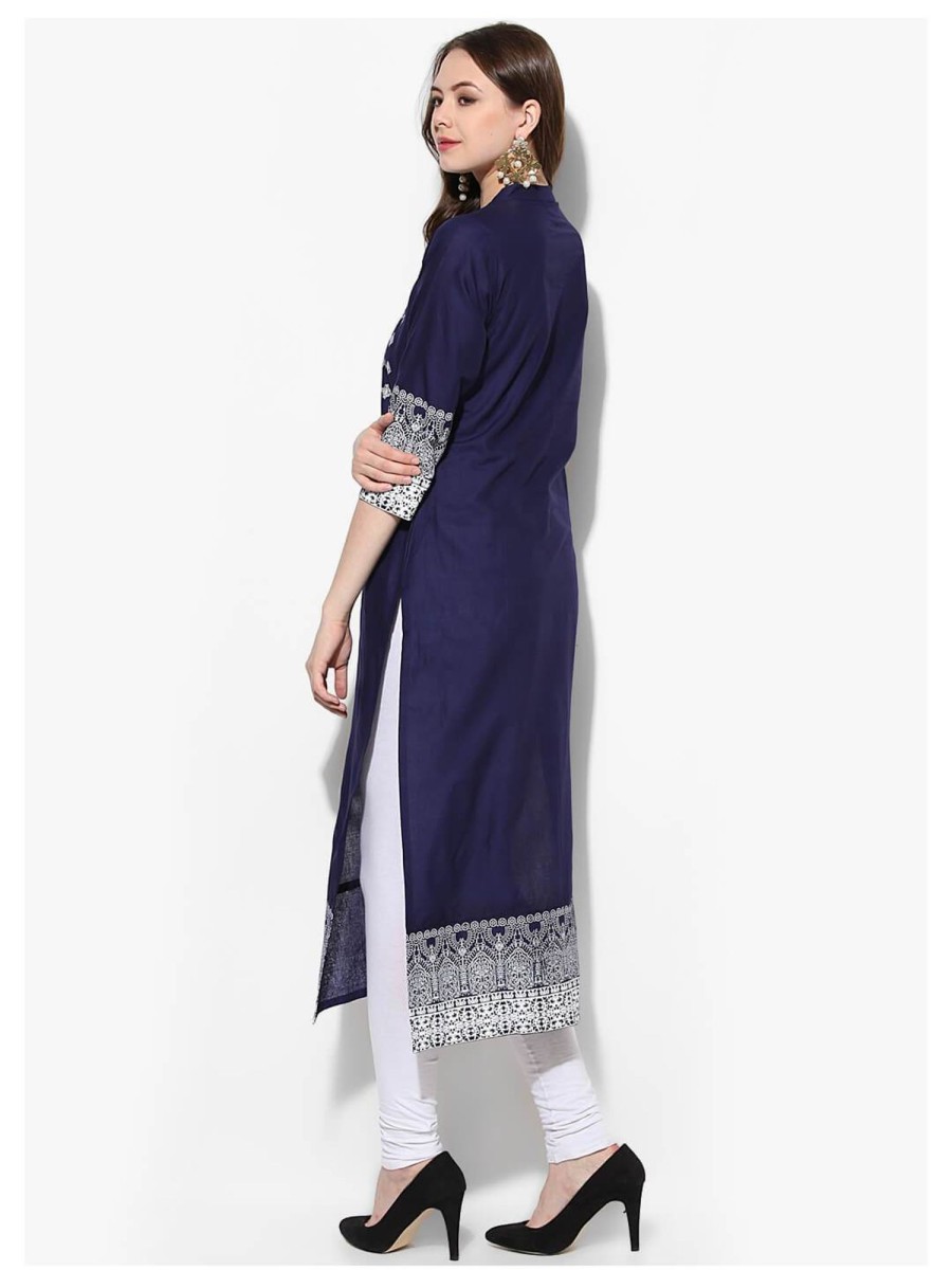 Women NOZ2TOZ | Women'S Indigo And White Ajrakh Hand Block Cotton Printed Straight Kurta - Noz2Toz