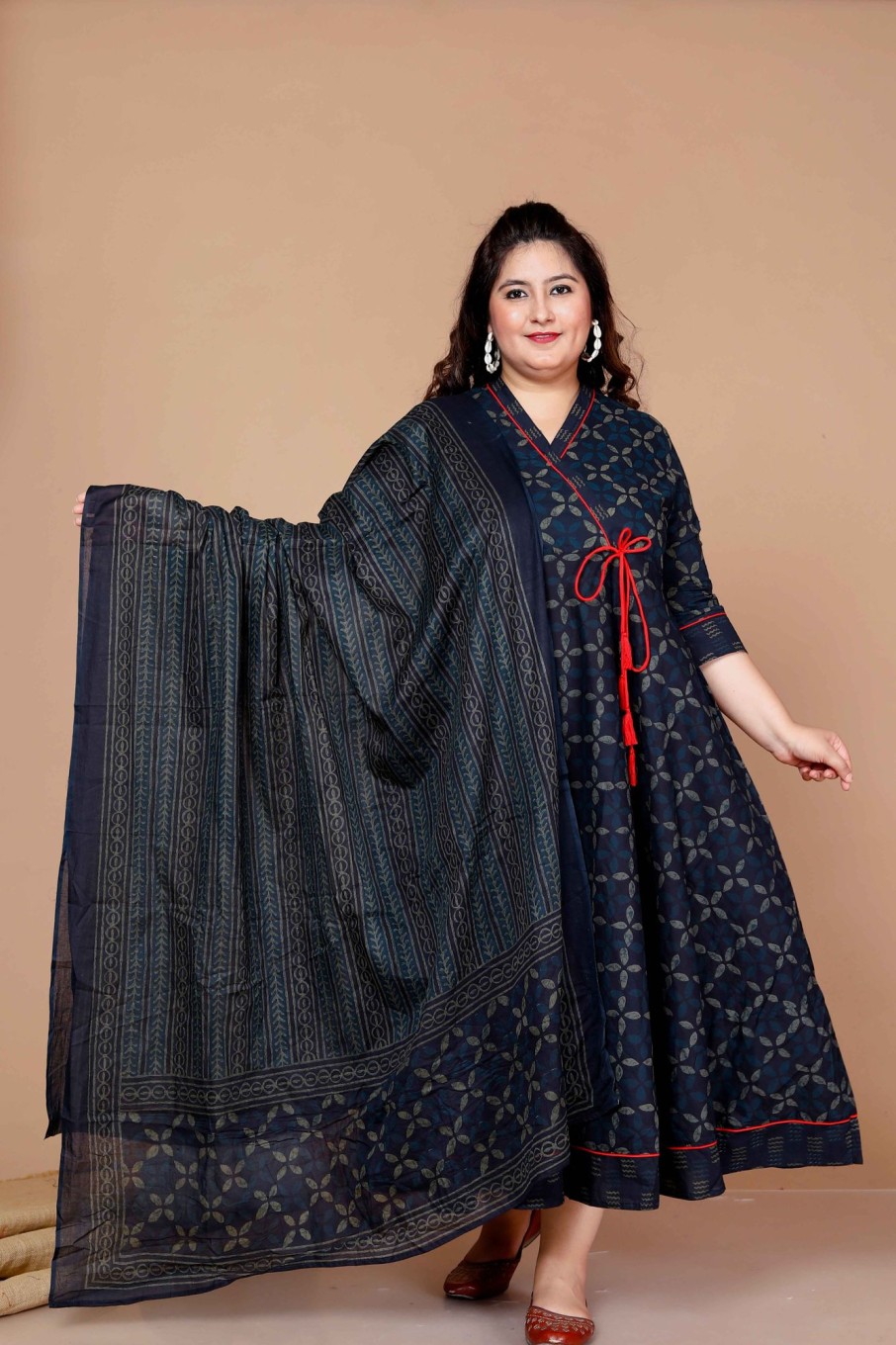 Women Miravan | Women'S Plus Size Abstract Printed U0026 Tasseles Angrakha Kurta With Dupatta Set - Miravan Blue