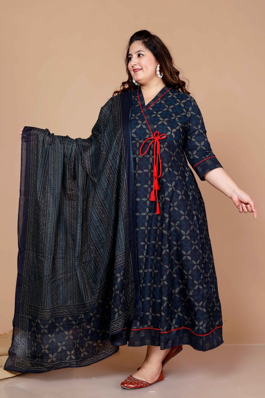 Women Miravan | Women'S Plus Size Abstract Printed U0026 Tasseles Angrakha Kurta With Dupatta Set - Miravan Blue