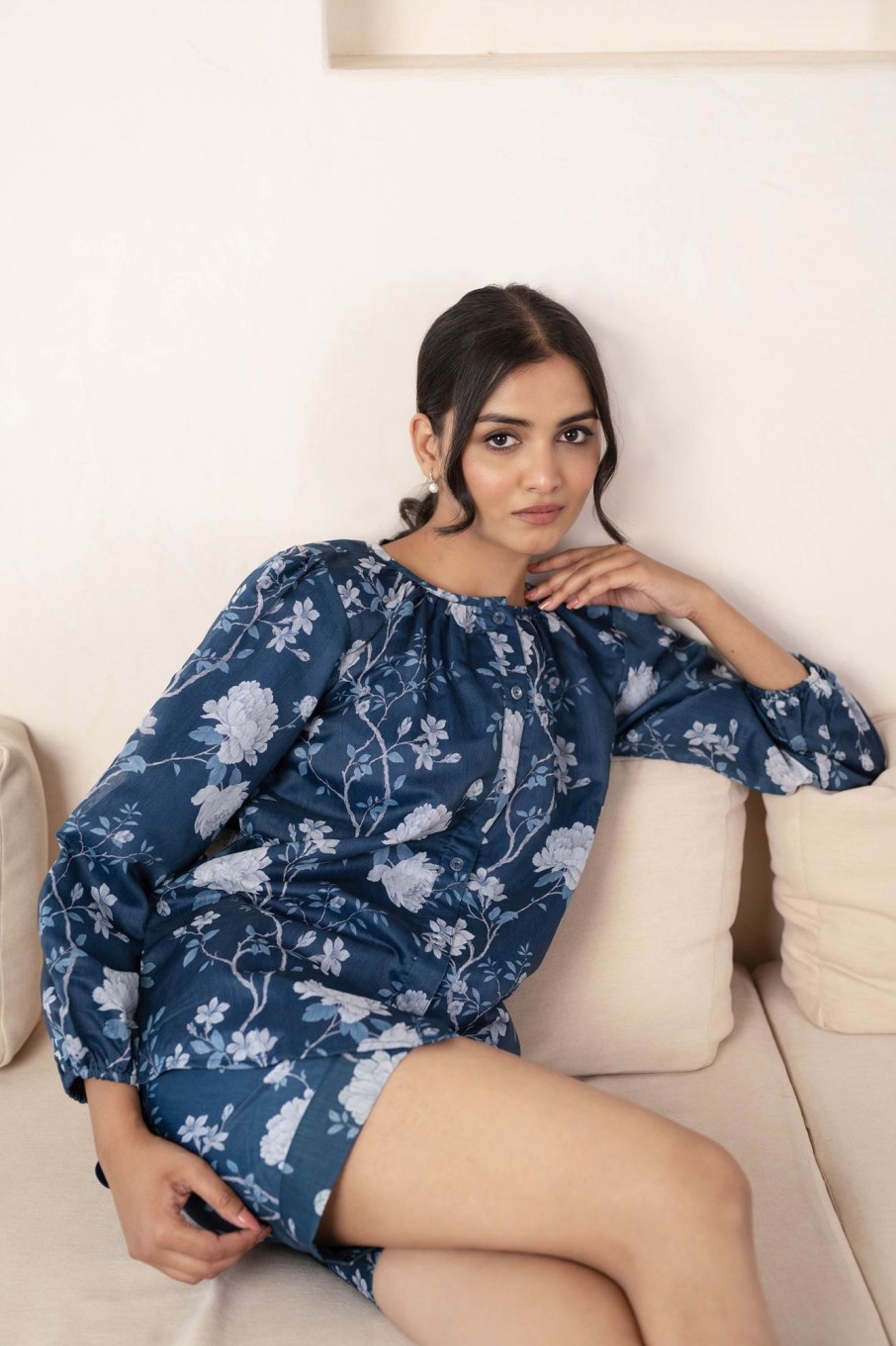 Women SARAS THE LABEL | Floral Print Night Suit Set For Women By Saras The Label- 2Pc Set Blue