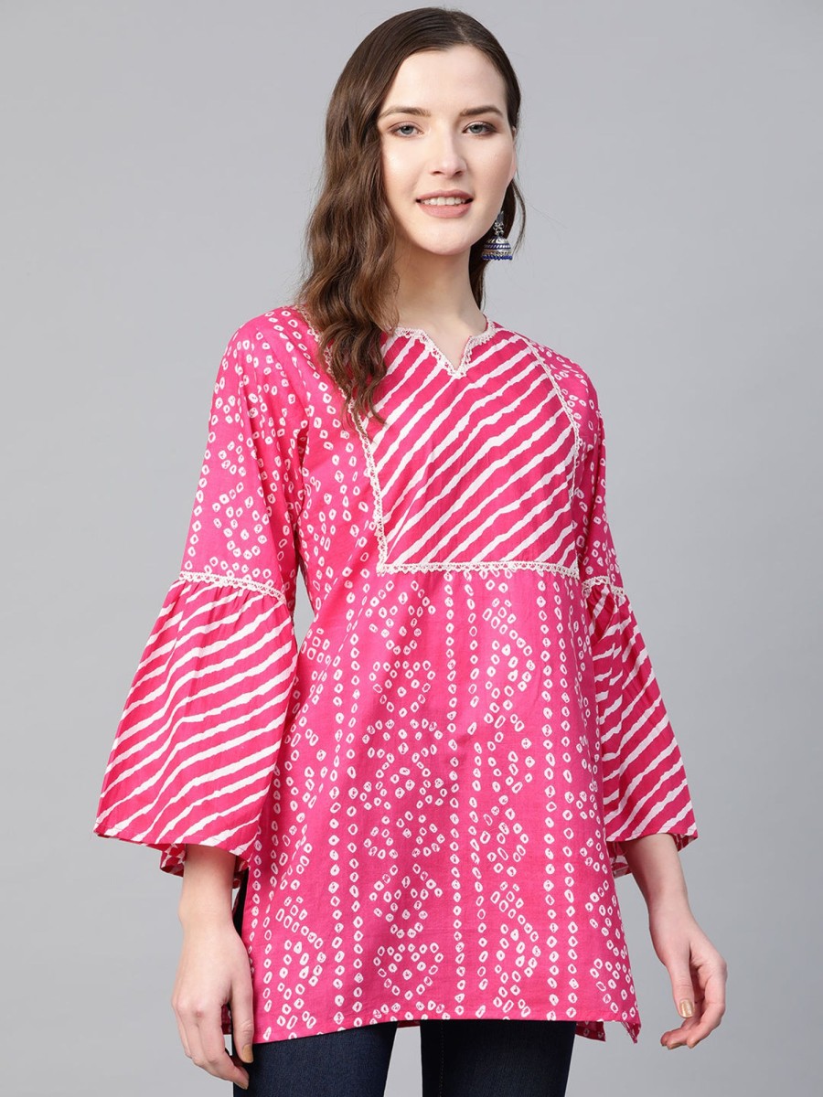 Women Bhama Couture USA | Pink U0026 White Cotton Bandhani Print Tunic - Bhama Couture Usa