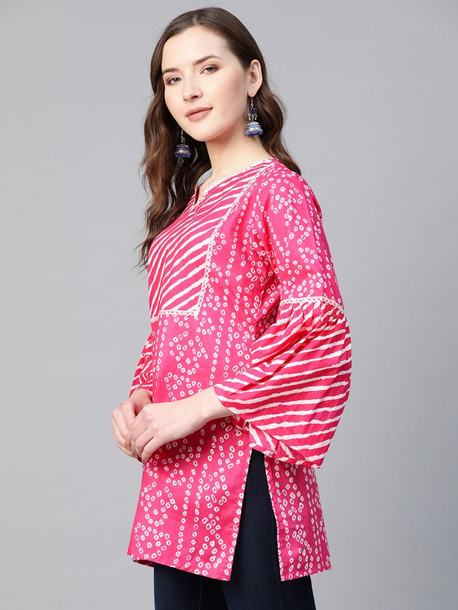 Women Bhama Couture USA | Pink U0026 White Cotton Bandhani Print Tunic - Bhama Couture Usa