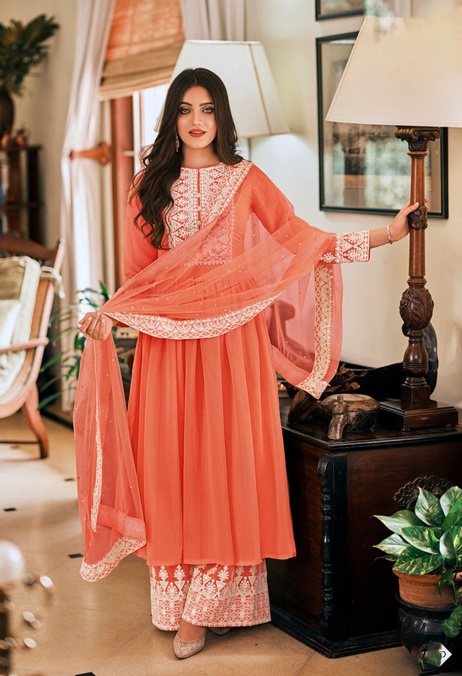 Women Monjolika | Women'S Peach Embroidered Georgette Sharara Salwar Kameez - Monjolika