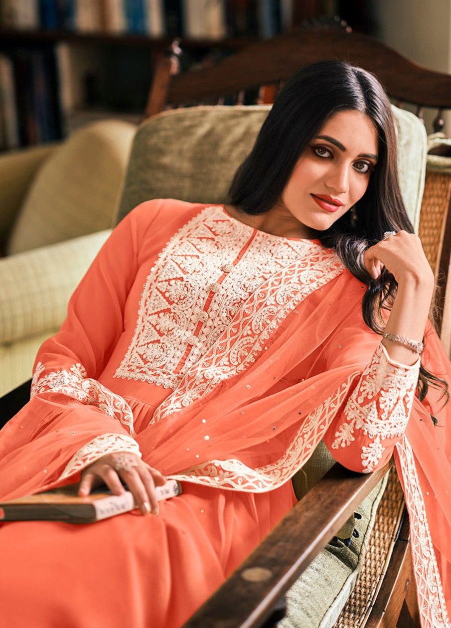 Women Monjolika | Women'S Peach Embroidered Georgette Sharara Salwar Kameez - Monjolika