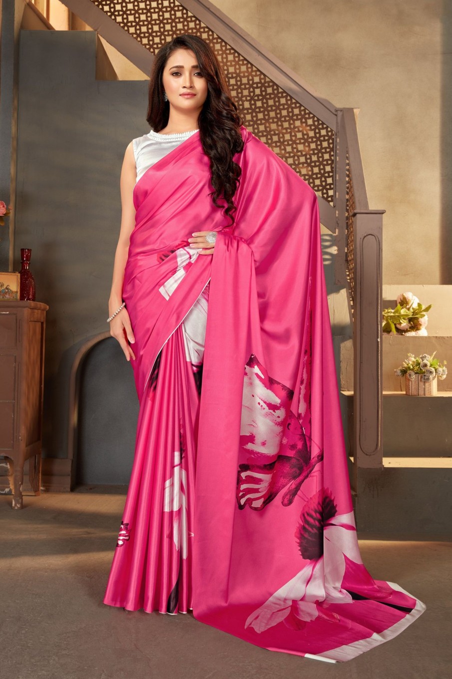 Women Monjolika | Women'S Monjolika Fashion Pink Color Satin Digital Print Saree - Monjolika