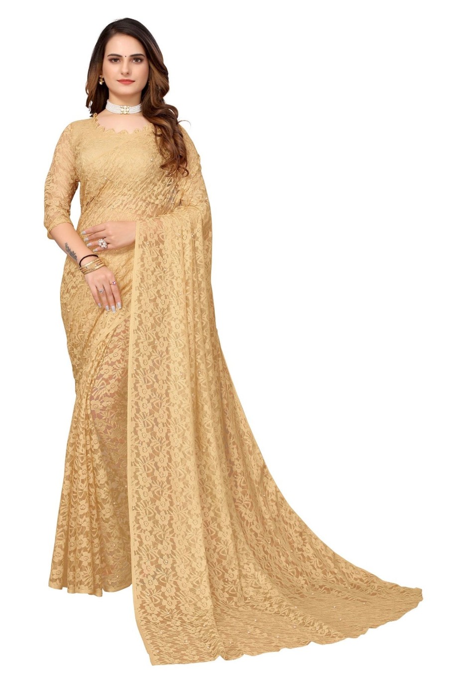 Women Vamika | Women'S Pearls Net Saree - Vamika Brown