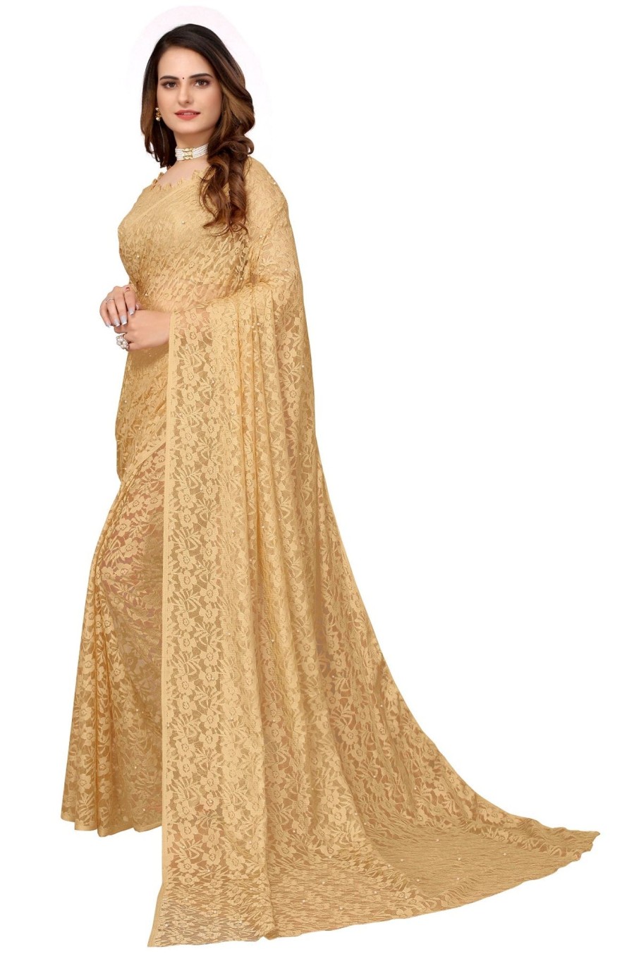 Women Vamika | Women'S Pearls Net Saree - Vamika Brown