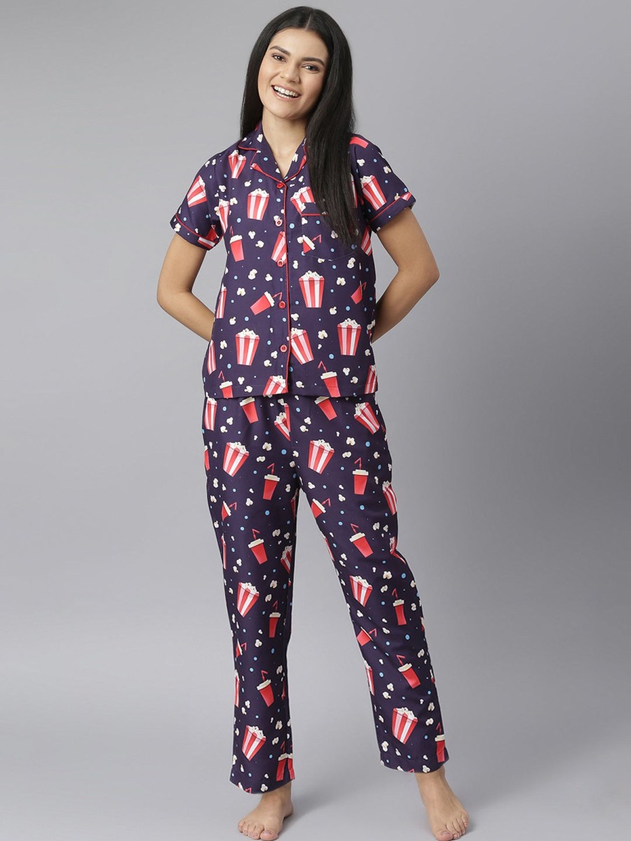 Women StyleStone | Women'S Popcorn Digital Print Night Suit Set - Stylestone Blue