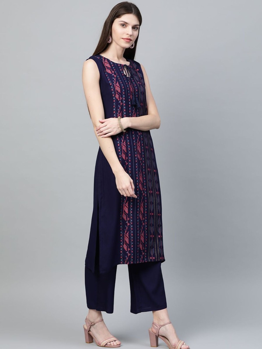 Women Ziyaa | Women'S Colour Khadi Print Straight Rayon Kurta - Ziyaa Navy Blue