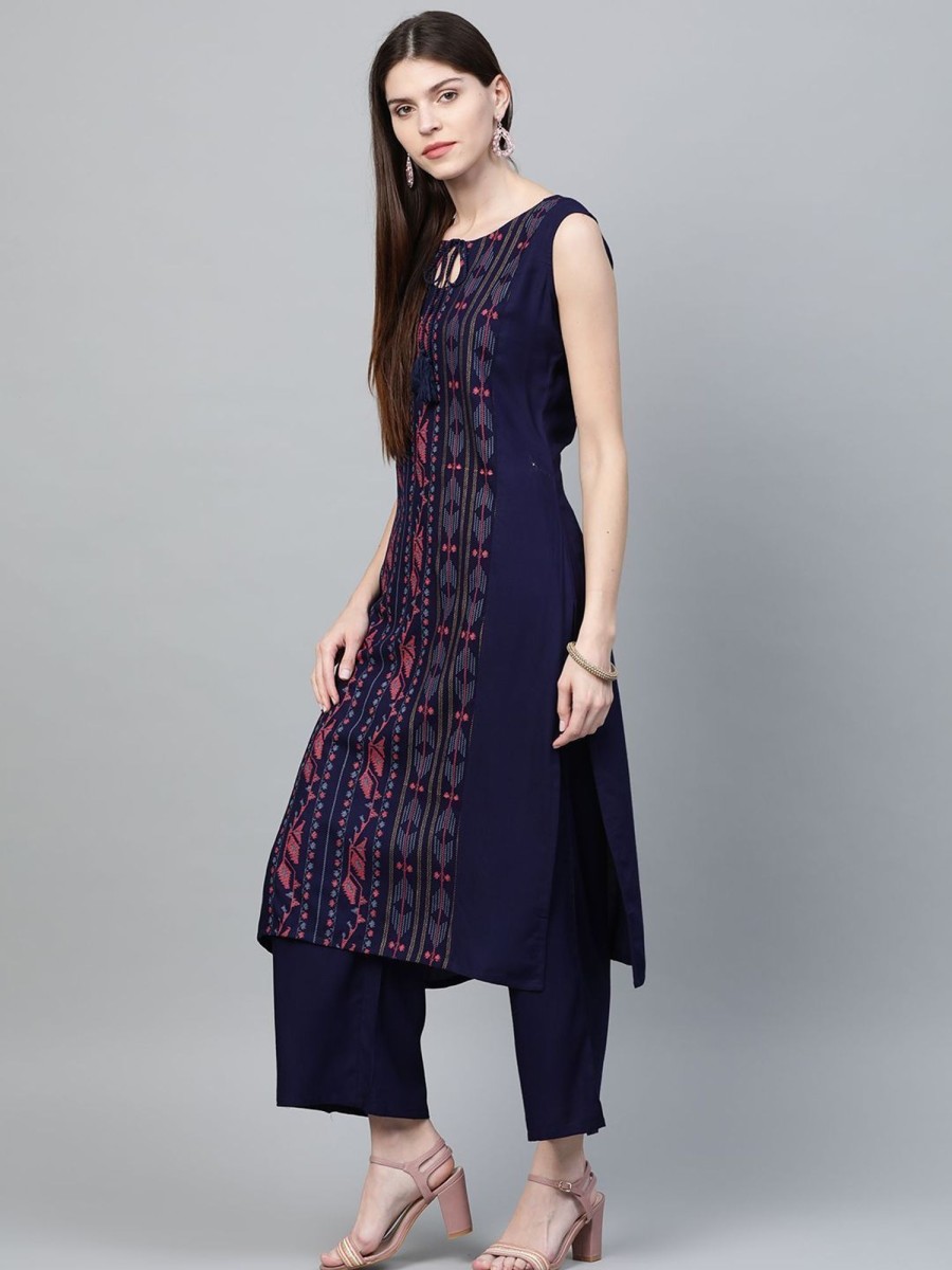 Women Ziyaa | Women'S Colour Khadi Print Straight Rayon Kurta - Ziyaa Navy Blue