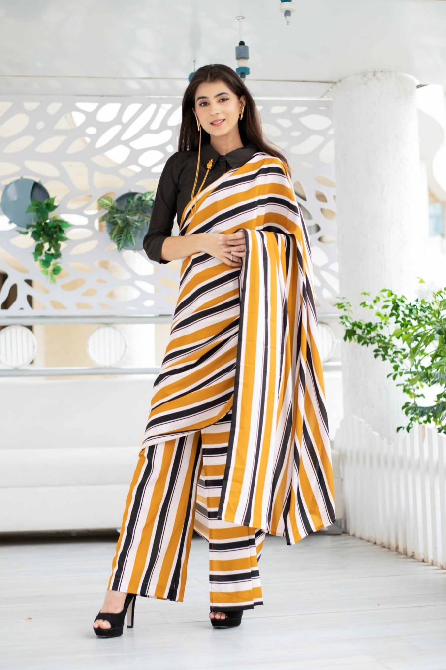 Women Label Shaurya Sanadhya | Women'S Stripped Pant Styled Saree With Blouse - Label Shaurya Sanadhya