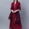 Women Myshka | Women'S Brown Gold-Toned Anarkali Kurta With Dupatta - Myshka Wine