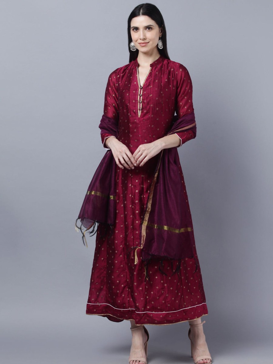 Women Myshka | Women'S Brown Gold-Toned Anarkali Kurta With Dupatta - Myshka Wine