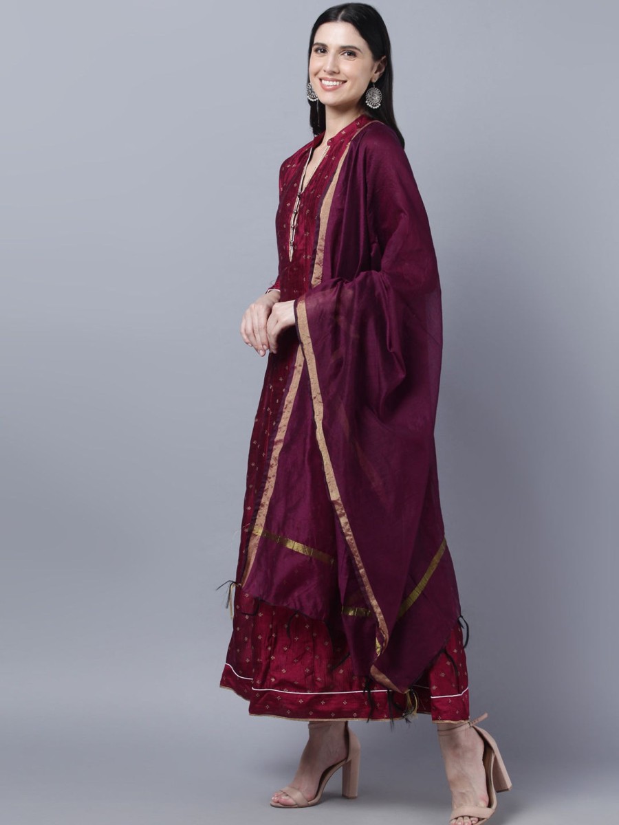 Women Myshka | Women'S Brown Gold-Toned Anarkali Kurta With Dupatta - Myshka Wine