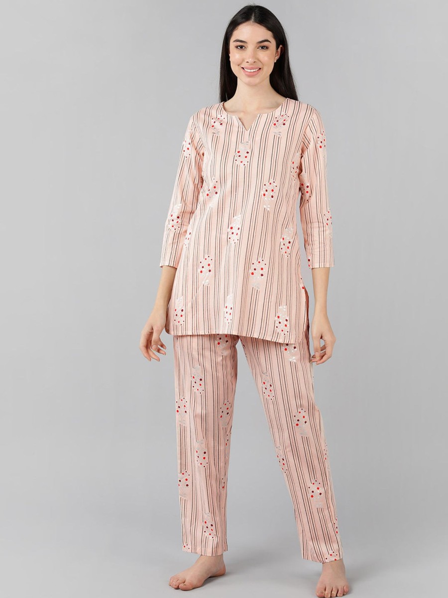 Women Ahika | Women'S Cotton Striped Printed Night Suit - Ahika Peach