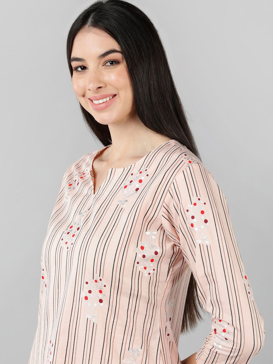 Women Ahika | Women'S Cotton Striped Printed Night Suit - Ahika Peach