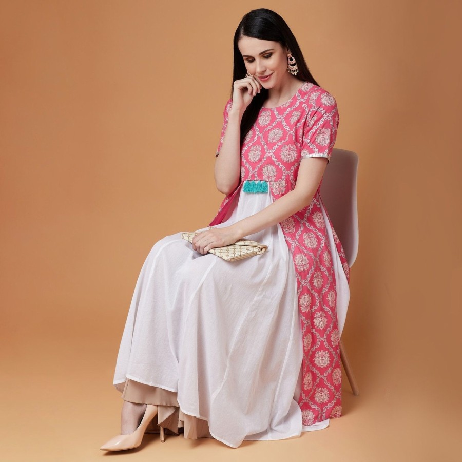 Women Pannkh | Women'S Lotus Inspired Front Open Printed Kurta With Tassels - Pannkh Pink