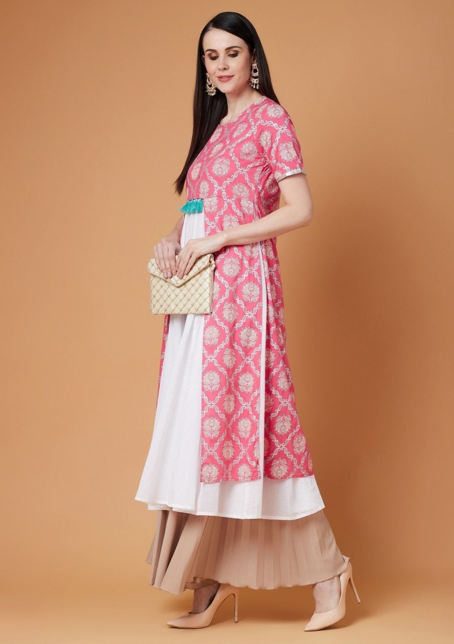 Women Pannkh | Women'S Lotus Inspired Front Open Printed Kurta With Tassels - Pannkh Pink