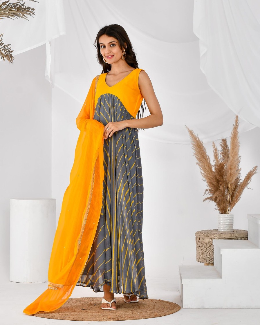 Women RANGPUR | Women'S And Grey Leheriya Set-Rangpur Yellow