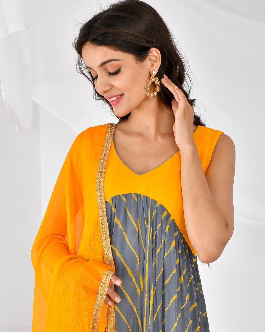 Women RANGPUR | Women'S And Grey Leheriya Set-Rangpur Yellow