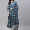 Women Miravan | Women'S Cotton Floral Print Anarkali Kurta With Dupatta - Miravan Blue