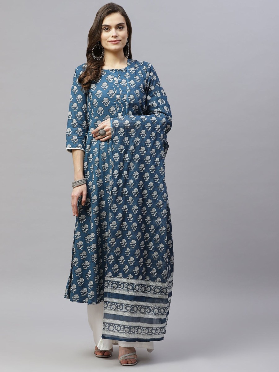 Women Miravan | Women'S Cotton Floral Print Anarkali Kurta With Dupatta - Miravan Blue