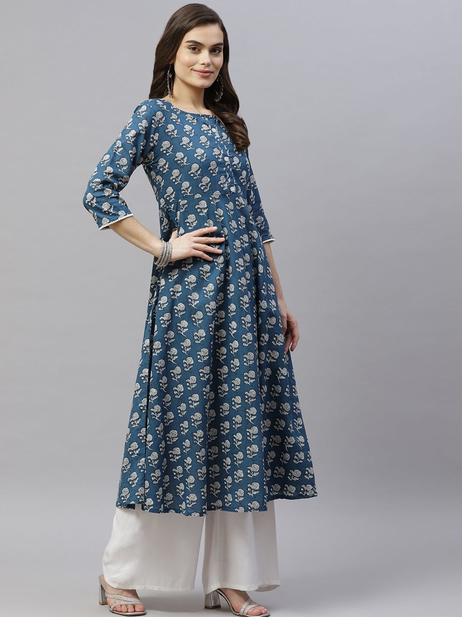 Women Miravan | Women'S Cotton Floral Print Anarkali Kurta With Dupatta - Miravan Blue