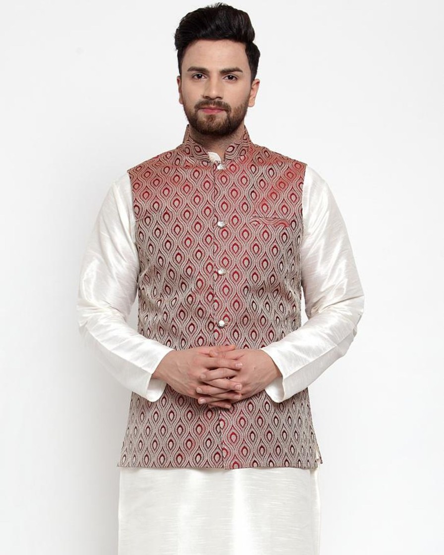 Men Virat Fashions | Men'S Maroon Woven Design Nehru Jacket ( Jowc 4006 Maroon) - Virat Fashions