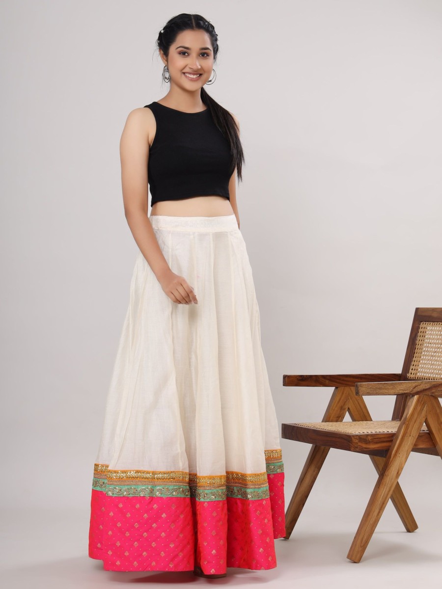 Women VASVI | Women'S Flared Chanderi, Embroidered Border Off Skirt - Vasvi White