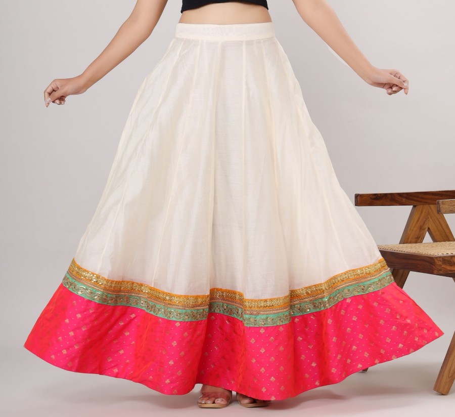 Women VASVI | Women'S Flared Chanderi, Embroidered Border Off Skirt - Vasvi White