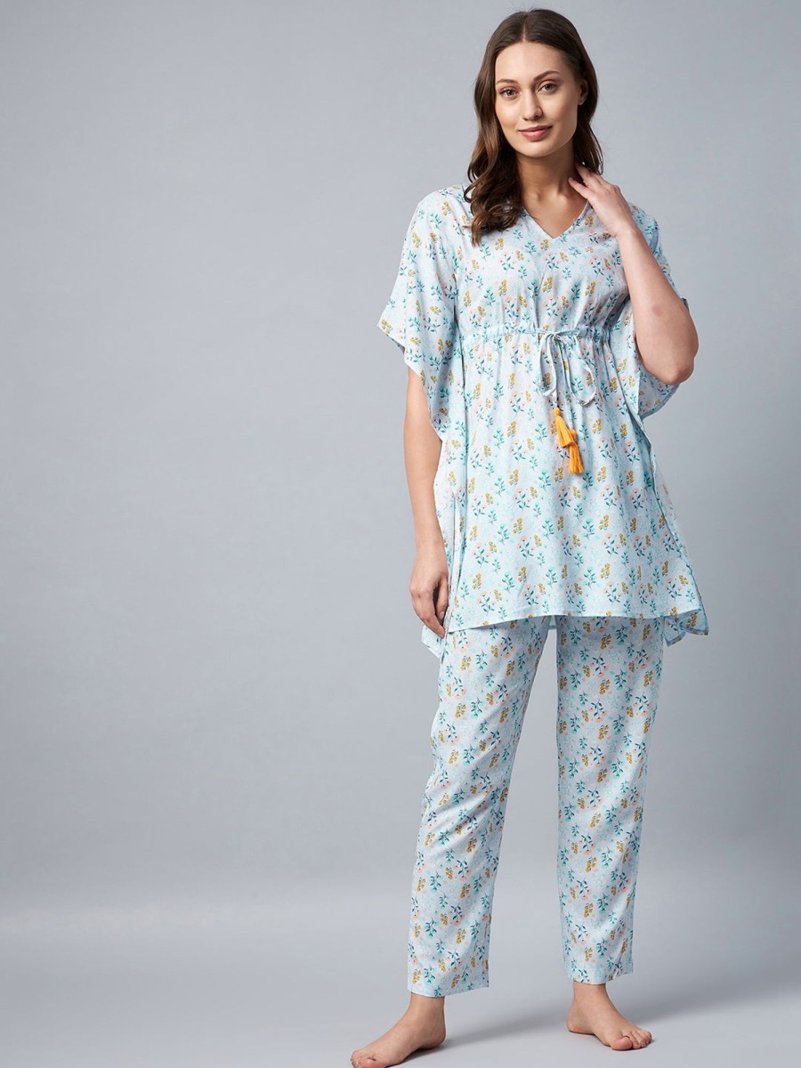 Women StyleStone | Women'S Light Floral Printed Kaftan Set - Stylestone Blue