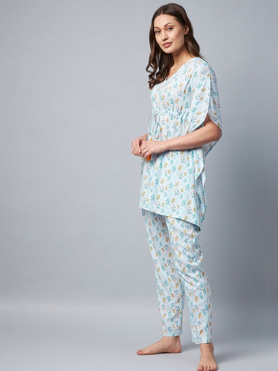 Women StyleStone | Women'S Light Floral Printed Kaftan Set - Stylestone Blue