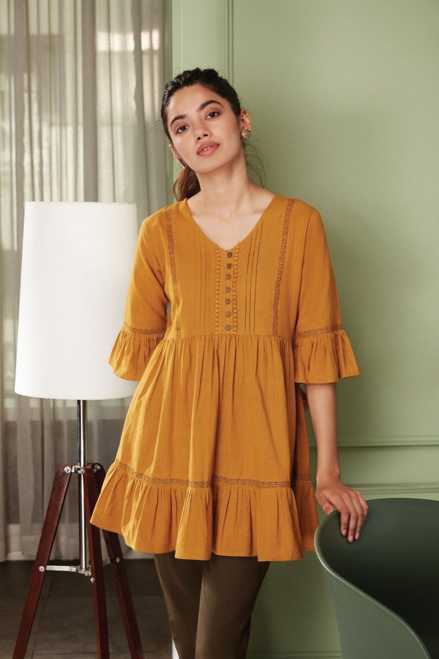 Women Janasya USA | Women'S Mustard Cotton Flex Tunic-Janasya Usa