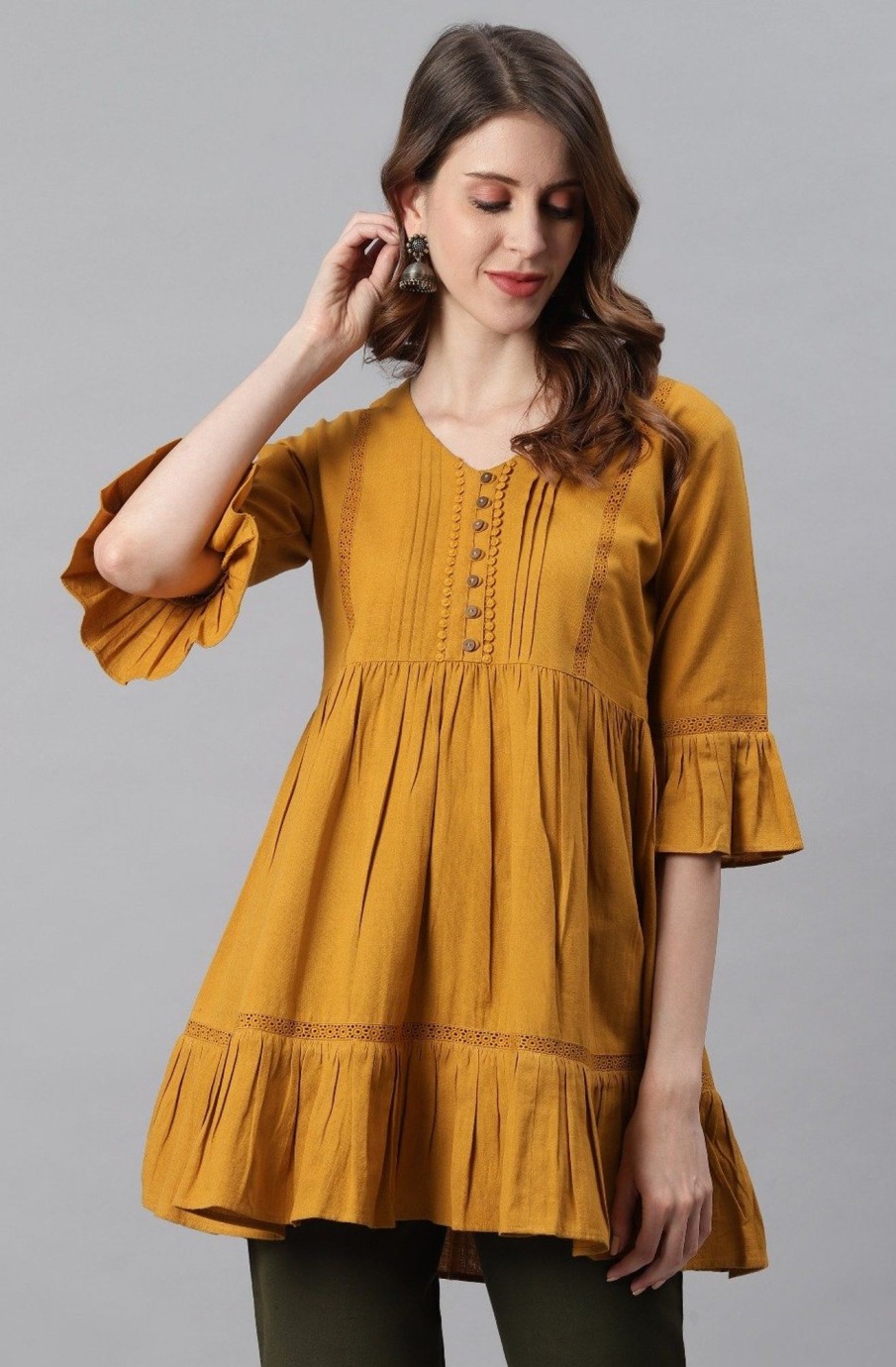 Women Janasya USA | Women'S Mustard Cotton Flex Tunic-Janasya Usa