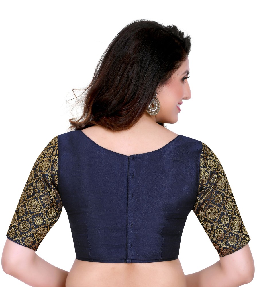 Women Madhu Fashion | Women'S Solid Pattern Womens Readymade Saree Blouse With Elbow Length Brocade Sleeves - Madhu Fashion Blue