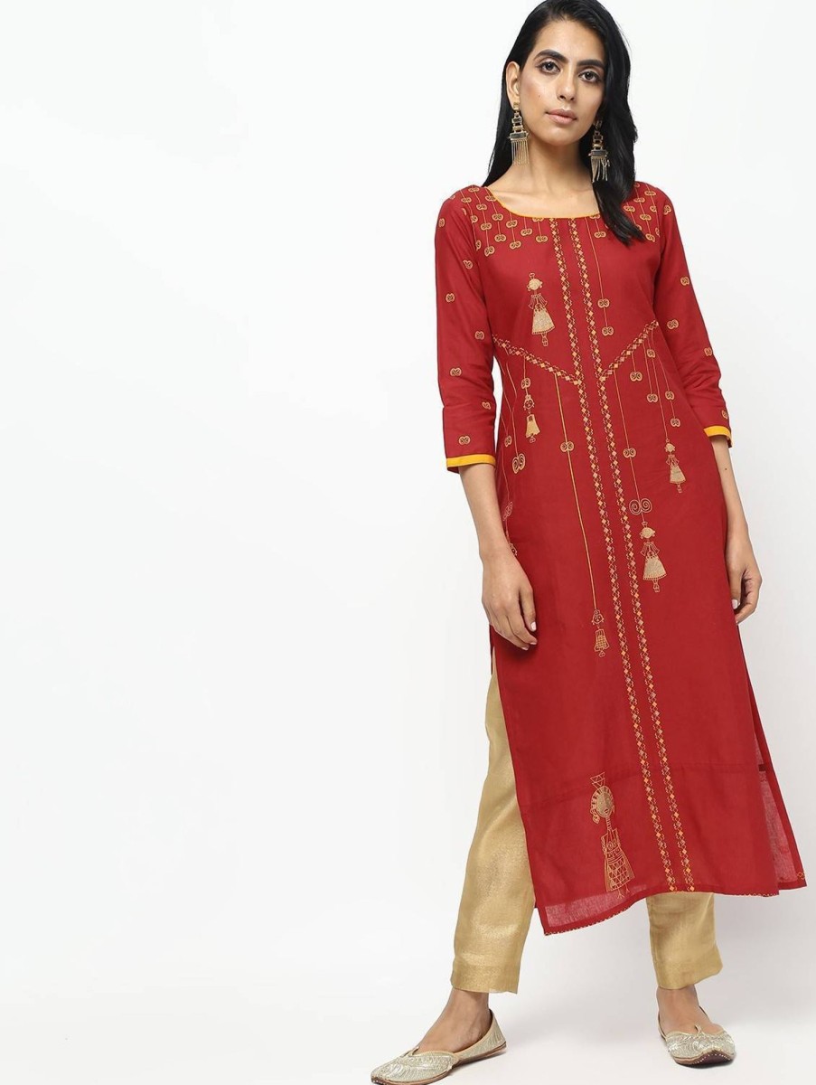 Women CHEERA | Women'S Straight Printed Kurta Only - Cheera Red