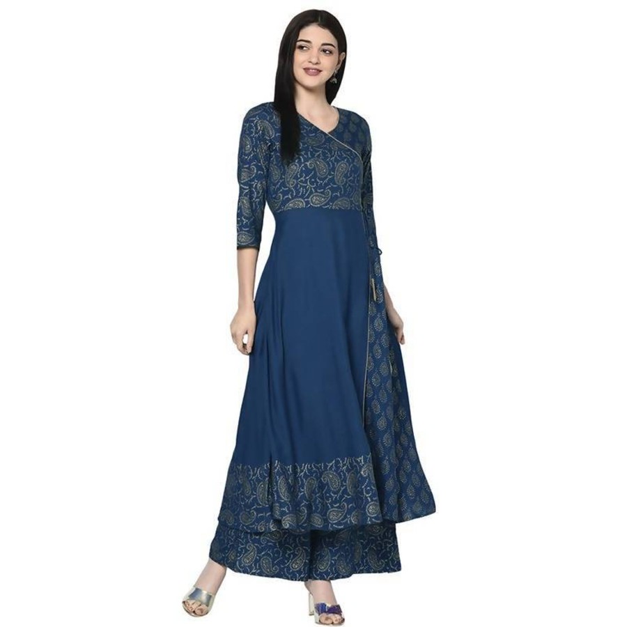 Women Aniyah | Women'S Blue Rayon Foil Print Angrakha Anarkali Kurta - Aniyah