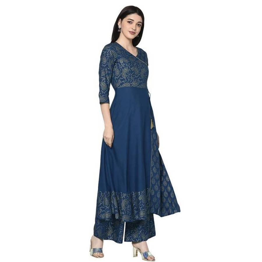 Women Aniyah | Women'S Blue Rayon Foil Print Angrakha Anarkali Kurta - Aniyah