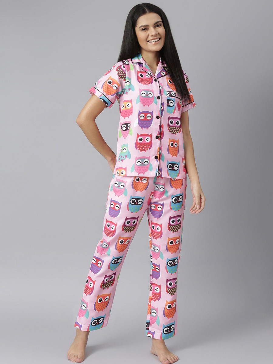 Women StyleStone | Women'S Owl Digital Print Night Suit Set - Stylestone Pink